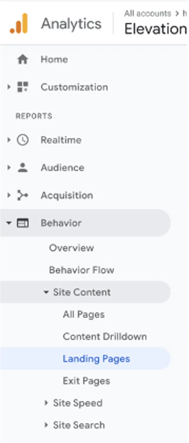 Google Analytics Navigation Landing Page Report