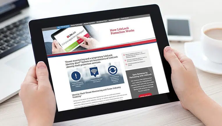 How LifeLock Protection Works sales infographic on tablet