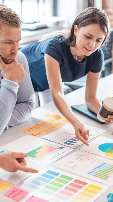 Man and woman looking at charts and graphs