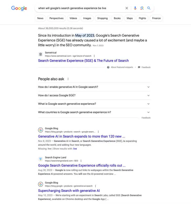 SGE results in Google 