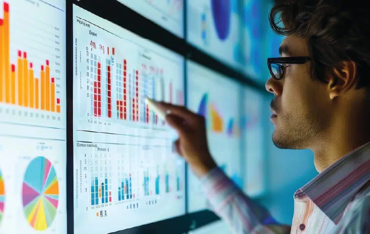 Person pointing to data points on a large screen