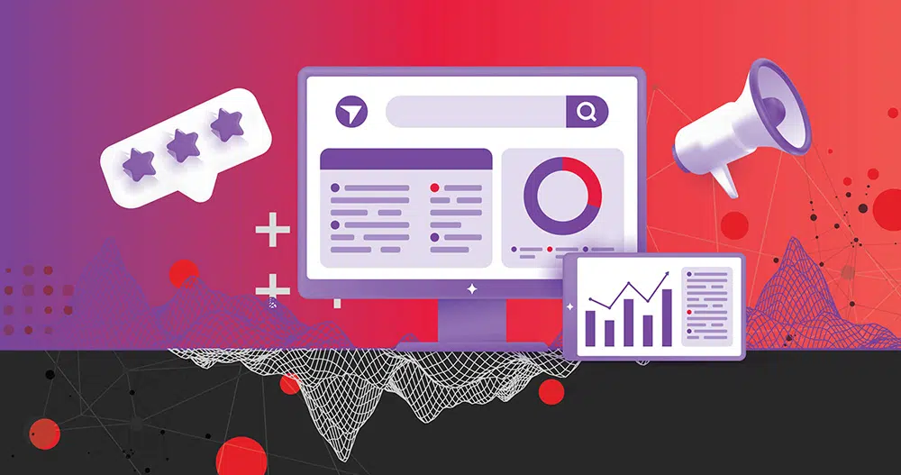 Illustration of the consideration stage in the buyer journey, featuring a computer monitor displaying a search interface with charts and data.
