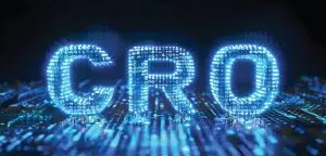 3D letter that say CRO made out of digital code