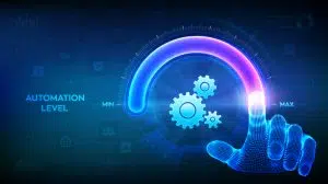 Futuristic graphic depicting a hand turning the marketing automation dial to maximum.