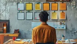 A man facing away and looking at a wall with partially blurred media planning materials on clipboards on the wall. The man is sitting at a desk.