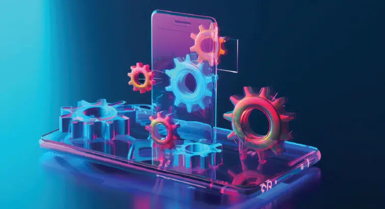 Abstract smart phones overlayed with glass gears