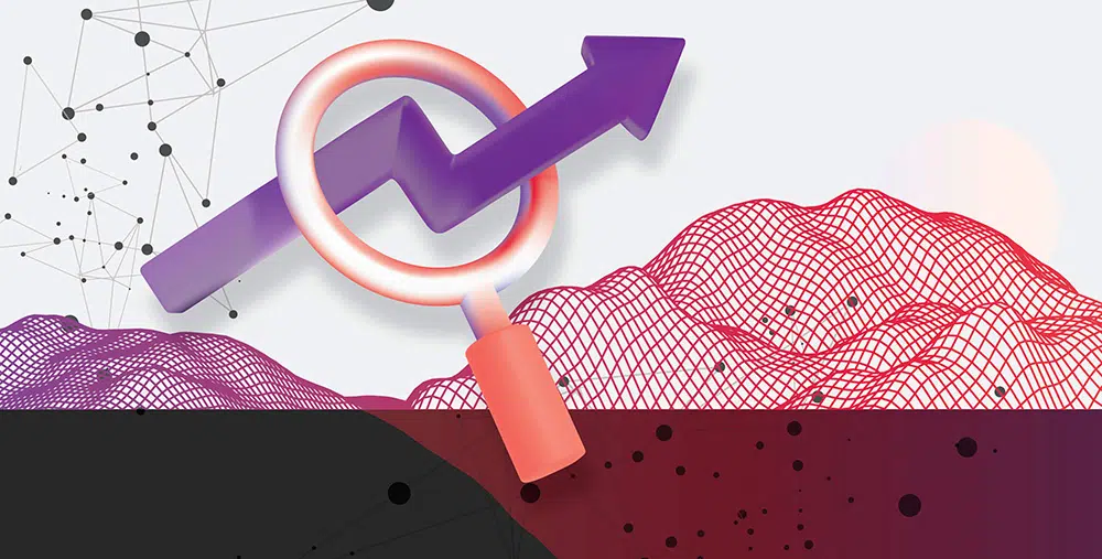 Illustration of practical implementation in the buyer journey, featuring a magnifying glass highlighting an upward trending arrow.