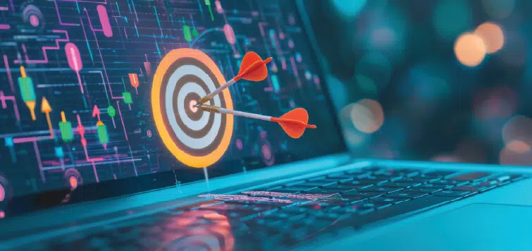 two darts hitting bullseye on a laptop showcasing abstract data