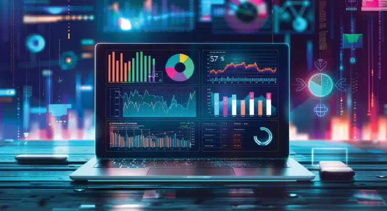 Laptop showcasing abstract data from analytics