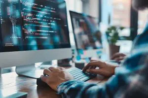 A man working on a computer using a code editor program.