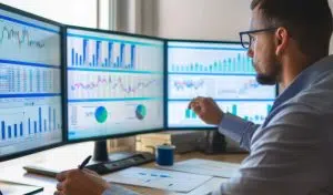 A man with glasses sitting in front of three computer monitors reviewing various data visualization graphs including bar charts, pie charts, and data tables.
