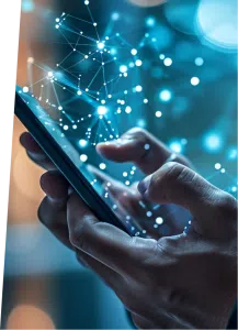 Hands holding smart phone with lights and hovering patterns emanating from the screen.