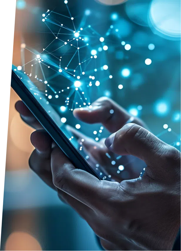Hands holding smart phone with lights and hovering patterns emanating from the screen.