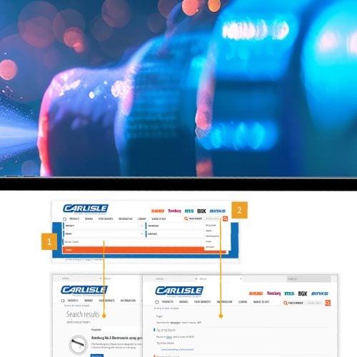 A computer screen showing aspects of the Carlisle companies web application. A commercial sprayer is displayed in the background.
