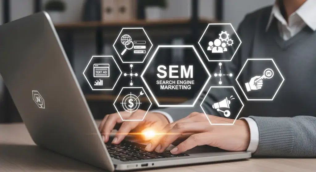 Search engine marketing diagram with search, text-ad and targeting icons over a person using a laptop.